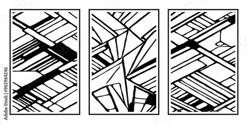 Set of 3 Abstract black and white pattern. For use in graphics. Minimalist illustration for printing on wall decorations