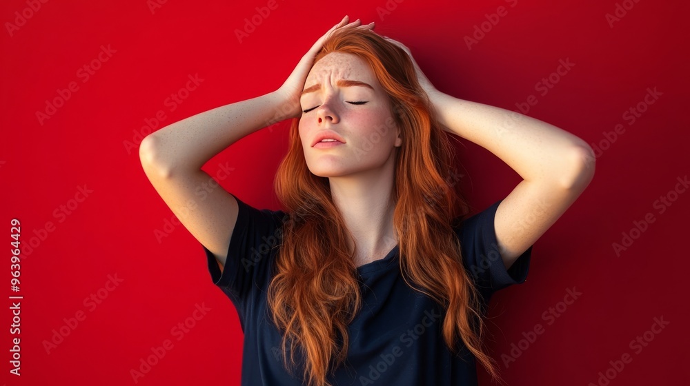Fototapeta premium Frustrated redhead woman with headache.