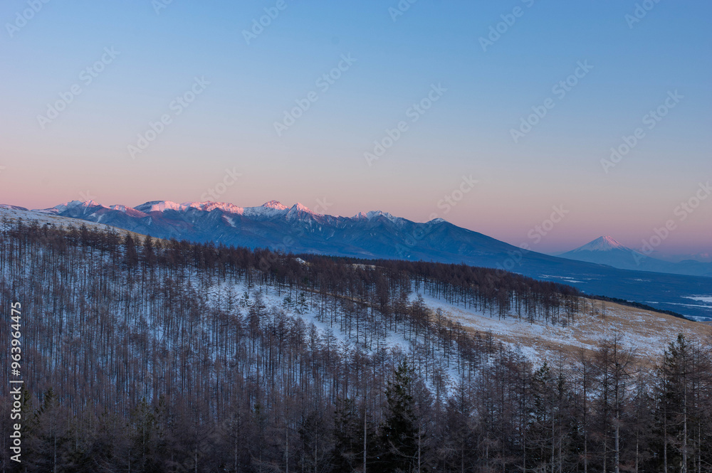 Obraz premium 厳冬期の霧ヶ峰から望む夕暮れの八ヶ岳連峰