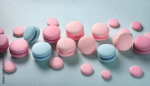 3d render of multi-colored macarons on a white background.