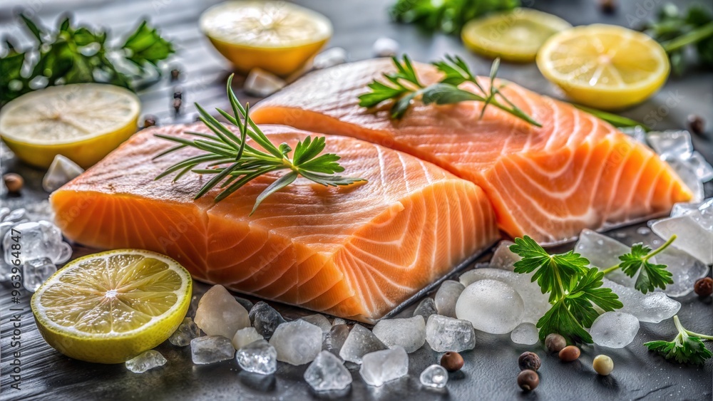 Fresh salmon with lemon and herbs on ice, immune-boosting omega-3 rich food Fresh salmon with lemon and herbs on ice, immune-boosting omega-3 rich food