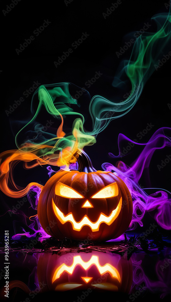 Naklejka premium Glowing jack-o'-lantern surrounded by swirling colorful smoke in shades of orange, green, and purple. Halloween copy space greeting card