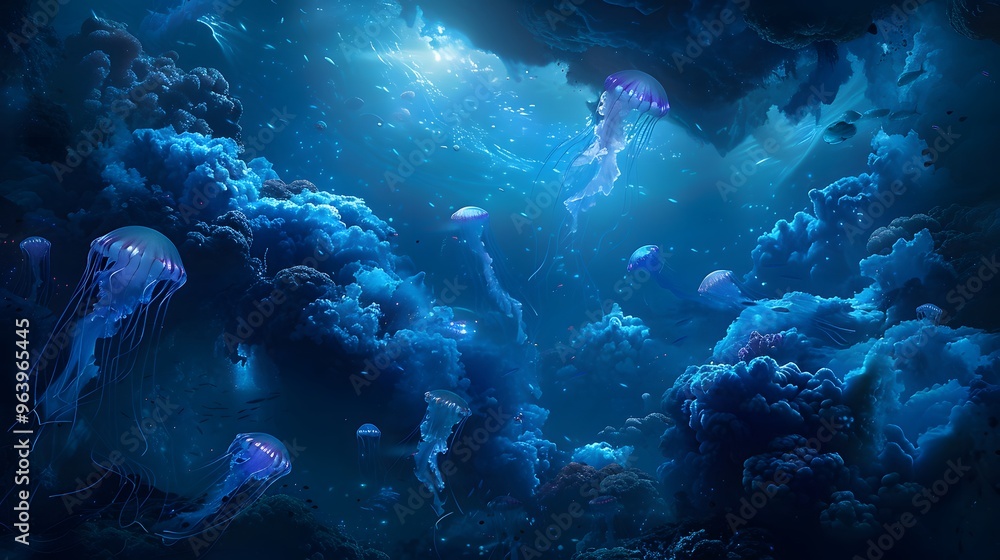 Bioluminescent Jellyfish in a Deep Sea Cave Bioluminescent Jellyfish in a Deep Sea Cave
