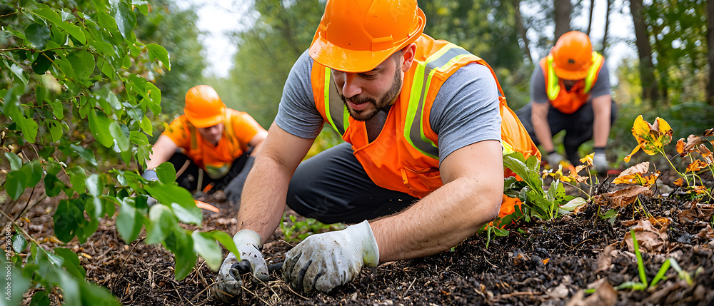 Fototapeta premium Workers Planting Trees in Forest