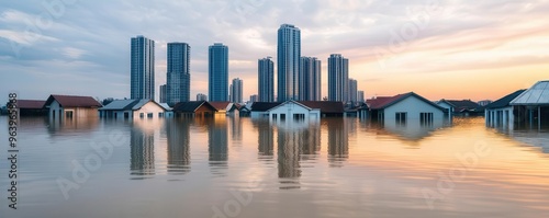 Flooded suburban homes with city skyline in the background