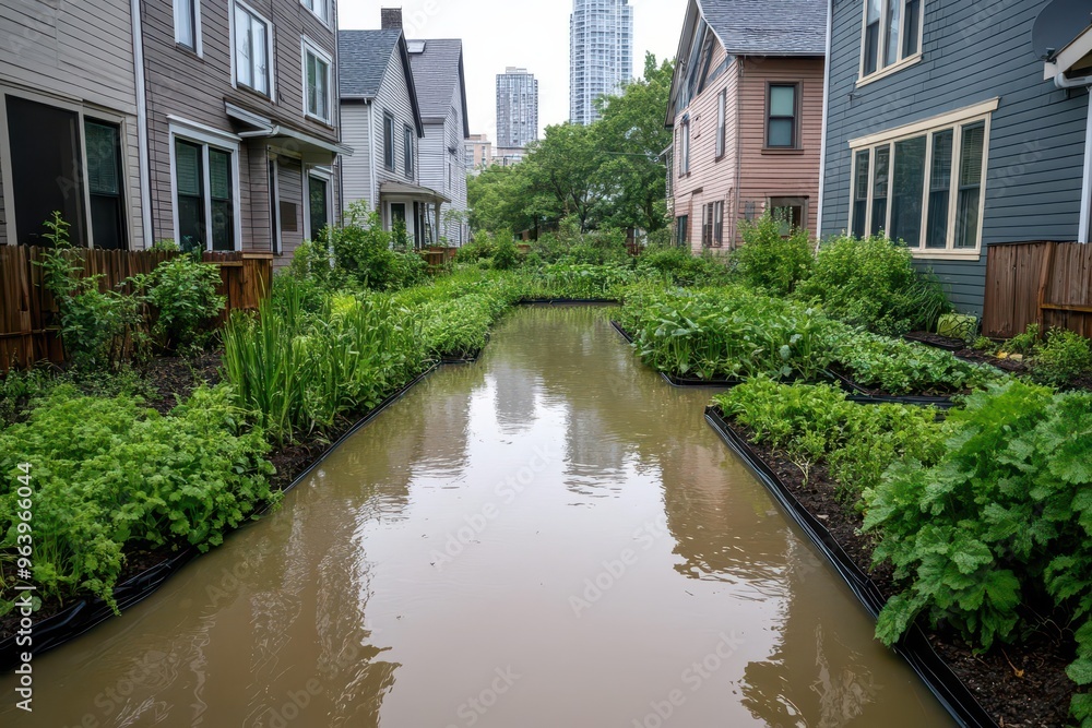A flooded urban garden nestled between residential homes after heavy rain, highlighting the challenges of urban flooding and the need for climate-resilient infrastructure in city planning. A flooded urban garden nestled between residential homes after heavy rain, highlighting the challenges of urban flooding and the need for climate-resilient infrastructure in city planning.