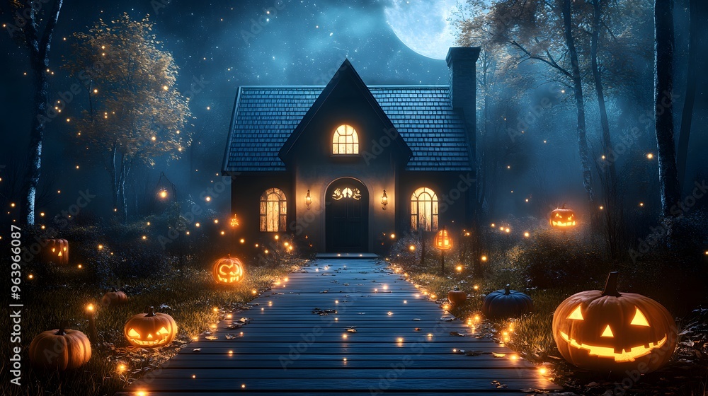 A spooky Halloween scene with a dark house, glowing pumpkins, and a full moon, perfect for autumn night celebrations. A spooky Halloween scene with a dark house, glowing pumpkins, and a full moon, perfect for autumn night celebrations.
