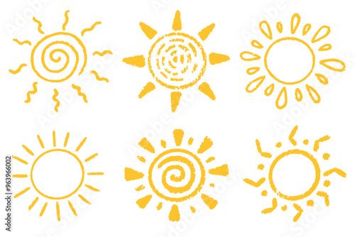 Sun doodle icons. Cartoon summer hand drawn abstract sketch. Cute grunge yellow symbol of sunset. Pencil vector spiral illustration on white background. Chalk and crayon drawing.