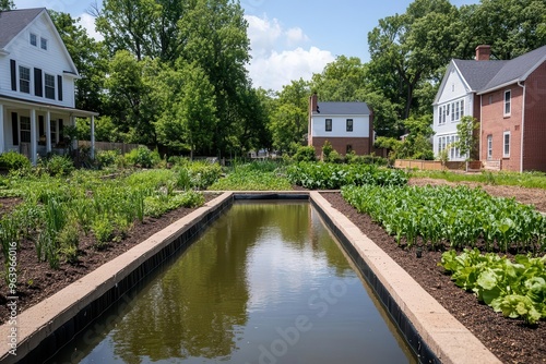 A suburban garden between homes is flooded after heavy rain, highlighting the challenges of managing stormwater in residential areas and the impact of climate change.