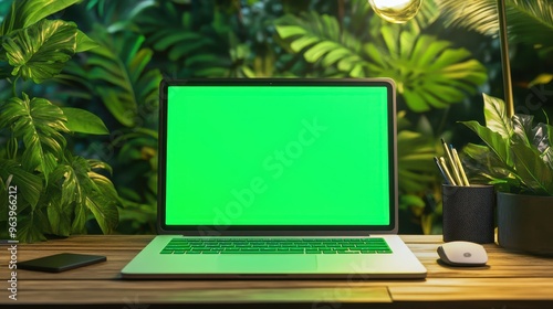 A laptop with a green screen on a modern wooden table, set against a backdrop of lush green foliage on the wall.