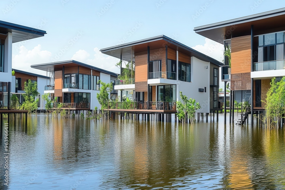 A modern city featuring a housing development built on stilts to protect against frequent flooding, symbolizing architectural resilience and adaptation to climate change. A modern city featuring a housing development built on stilts to protect against frequent flooding, symbolizing architectural resilience and adaptation to climate change.