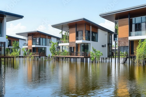 A modern city featuring a housing development built on stilts to protect against frequent flooding, symbolizing architectural resilience and adaptation to climate change.