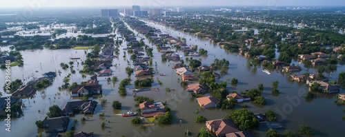 A neighborhood in a city submerged in floodwaters, with residents being evacuated by boat, Symbol of crisis, Urban flooding