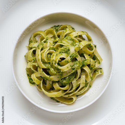 Colorful green pesto pasta dish served in a white bowl.