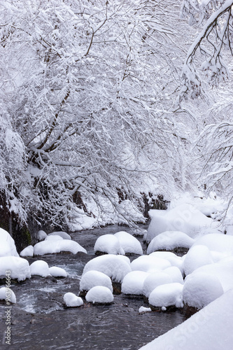 降雪翌朝の綿帽子を被った吐竜の滝前の河原 photo