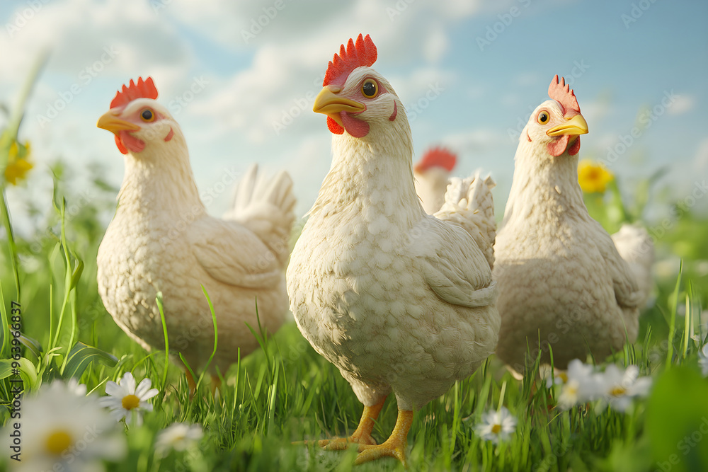 Organic chicken, farm-raised and free-range, 3D illustration Organic chicken, farm-raised and free-range, 3D illustration