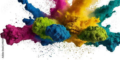 Vector watercolor rainbow multicolor splatter design background. Multicolored rainbow explosion of cloud powder paint holi decoration isolated on transparent background.