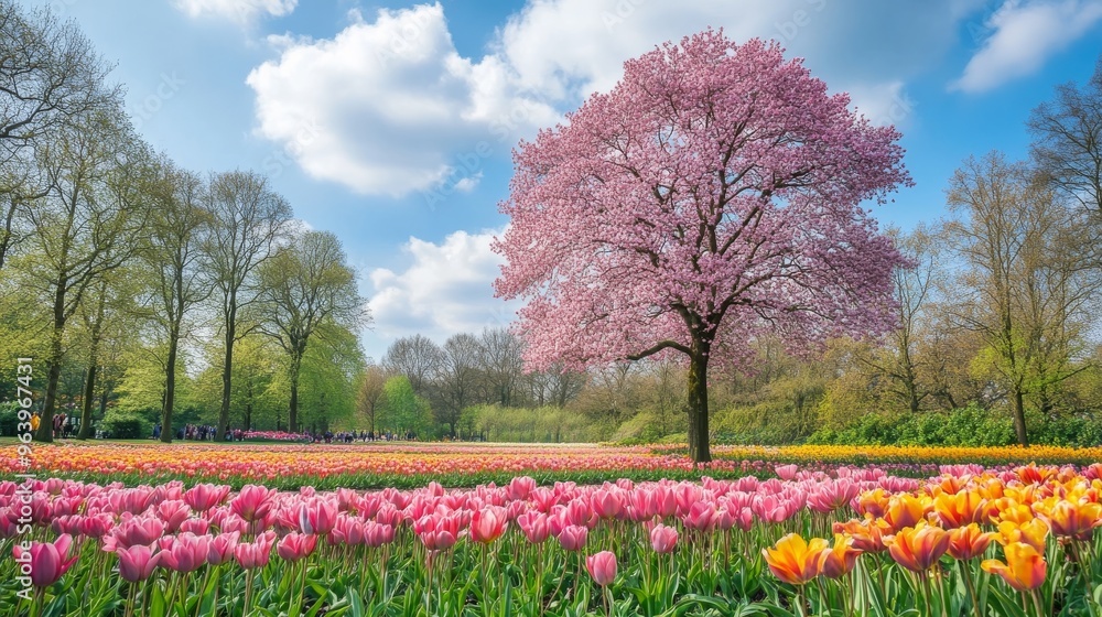 Keukenhof Park blooms with flowers and pink sakura trees in Amsterdam, Netherlands. Keukenhof Park blooms with flowers and pink sakura trees in Amsterdam, Netherlands.