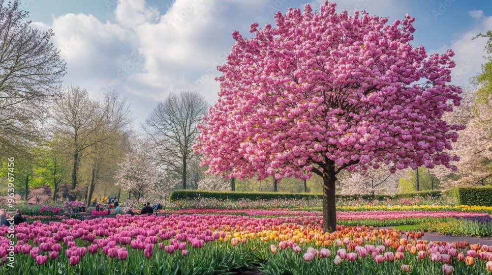 Fototapeta premium Netherlands' Amsterdam's Keukenhof Park blooms with flowers and trees, including pink sakuras.
