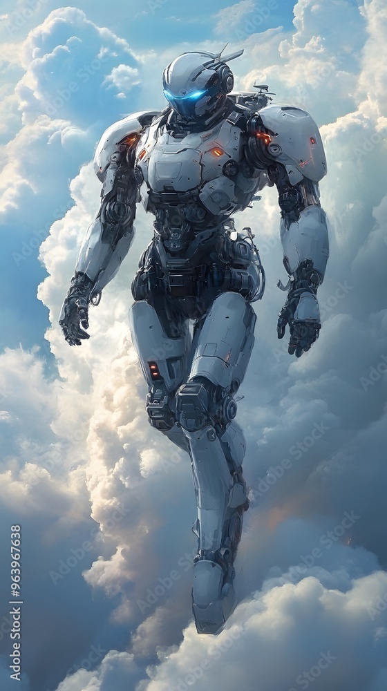 White Robot Soaring Through Cloudy Skies White Robot Soaring Through Cloudy Skies