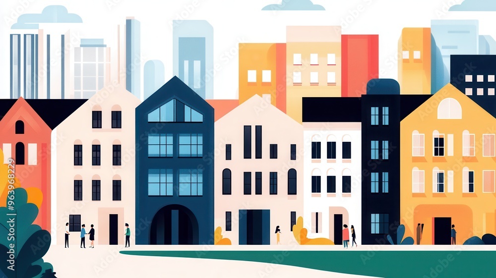 A vibrant urban scene featuring colorful houses and modern buildings, reflecting a lively city atmosphere. A vibrant urban scene featuring colorful houses and modern buildings, reflecting a lively city atmosphere.