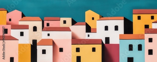 A vibrant, artistic representation of colorful houses against a turquoise background, showcasing creativity and modern design.