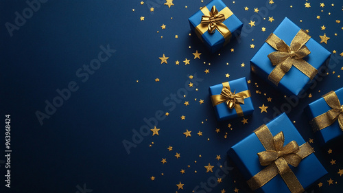 Elegant blue gift boxes with golden ribbons and bows scattered with golden stars on a dark blue background
