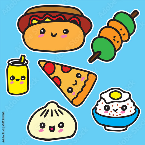 cute food character sticker illustration can pizza bowl of rice hamburger sandwich rice cake set of 4 high quality vector in blue background  for prints kids children comic style kawaii cartoon