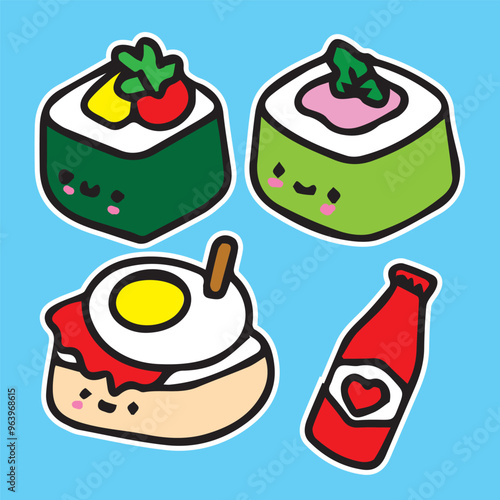 cute food character sticker illustration sushi egg ketchup bottle love rice cake set of 4 high quality vector in blue background  for prints kids children comic style kawaii cartoon