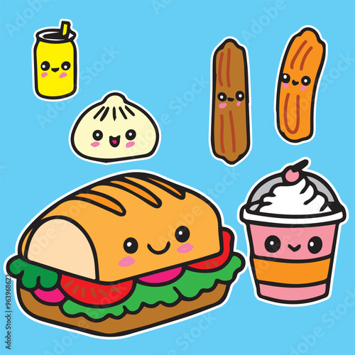 cute food character sticker illustration icecream burger hamburger subway dumplings sandwich rice cake set of 4 high quality vector in blue background  for prints  children comic style kawaii cartoon