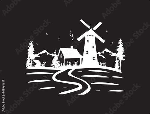 chalk sketch on black background farm vector silhouette. sketch of houses with a windmill and mountains on a black background vector rural landscape