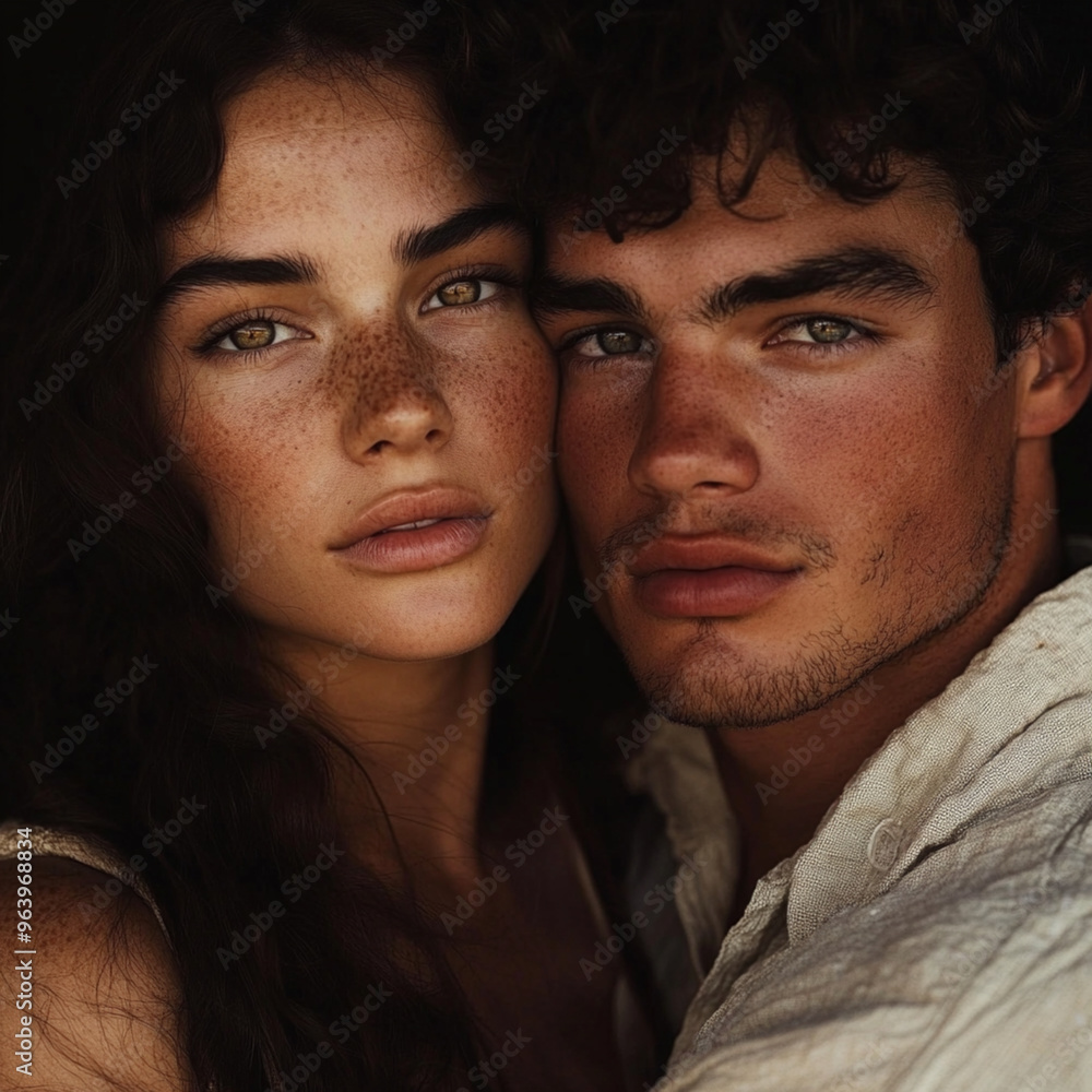 A photo of a woman holding man, both have dark hair and light skin A photo of a woman holding man, both have dark hair and light skin
