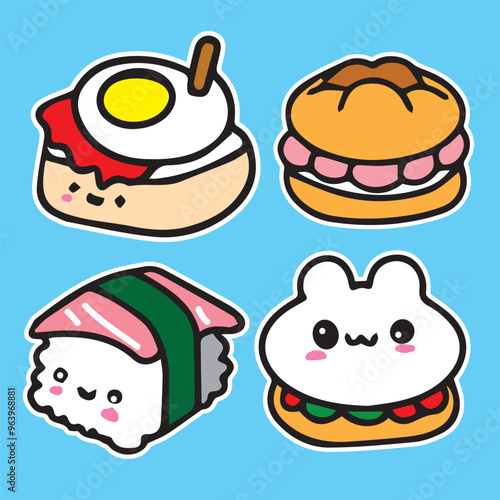 cute food character sticker illustration sushi burger hamburger sandwich rice cake set of 4 high quality vector in blue background  for prints kids children comic style kawaii cartoon