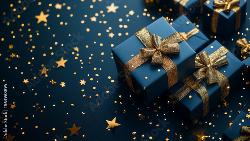 Wallpaper Mural Elegant blue gift boxes with golden ribbons and bows scattered with golden stars on a dark blue background Torontodigital.ca