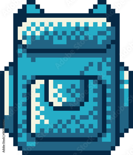 Abstract blue backpack in pixel art style simple icon. Retro 8 bit gaming flat pixel art style, modern logotype graphic illustration.