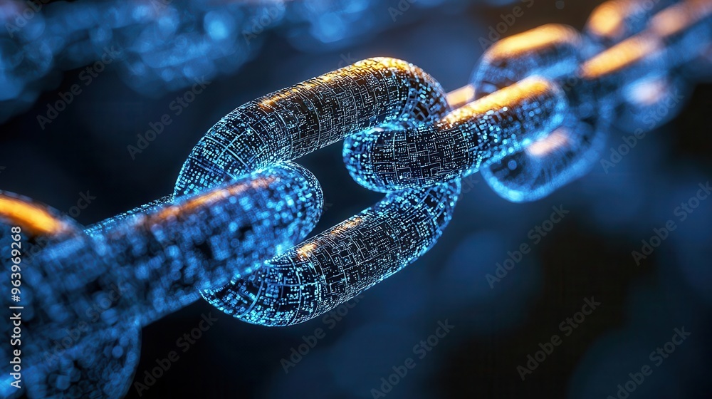 A close-up view of a futuristic glowing chain link, symbolizing connection and blockchain technology in a digital landscape. A close-up view of a futuristic glowing chain link, symbolizing connection and blockchain technology in a digital landscape.