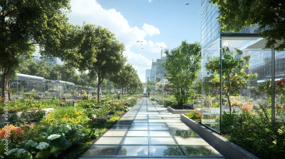 An innovative urban park with transparent pathways and holographic greenery An innovative urban park with transparent pathways and holographic greenery