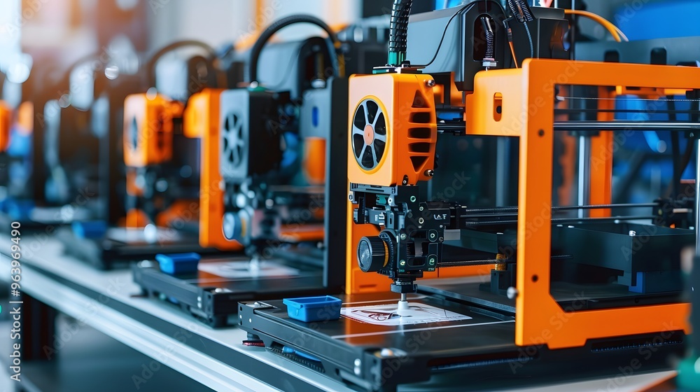 3D printers producing components directly from CAD files in a high-tech environment 3D printers producing components directly from CAD files in a high-tech environment