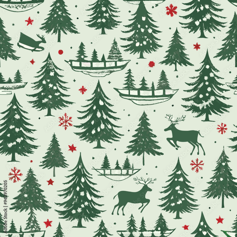 Obraz premium Vintage Christmas pattern with reindeer, trees, snowflakes, and festive sleigh rides