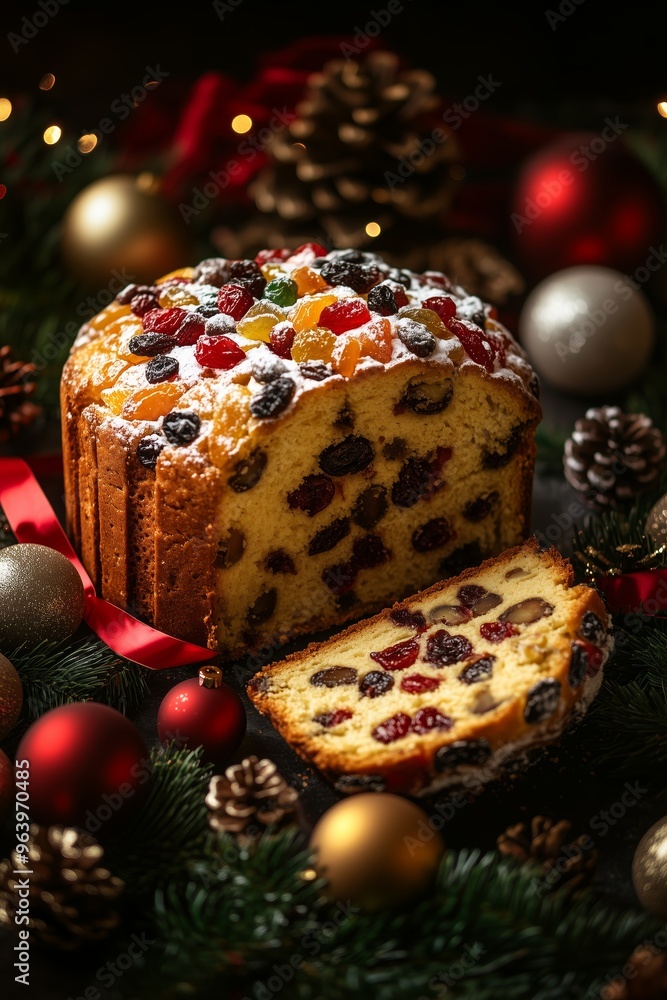 Holiday dessert a Panettone with exotic fruits and nuts, surrounded by Christmas decorations and lights
