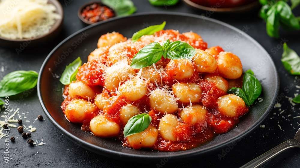 A plate of classic Italian gnocchi with a rich tomato and basil sauce, garnished with fresh Parmesan and basil leaves A plate of classic Italian gnocchi with a rich tomato and basil sauce, garnished with fresh Parmesan and basil leaves