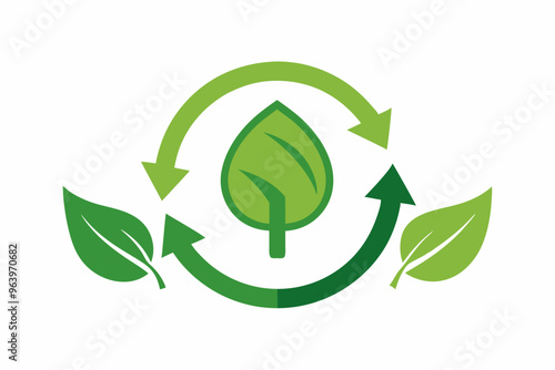 Green leaf and arrow icons for biodegradable recyclable organic bio labels package, recyclable and bio degradable package stamps, set recycle leaves label logo, leaf recycle, using recycled resources.