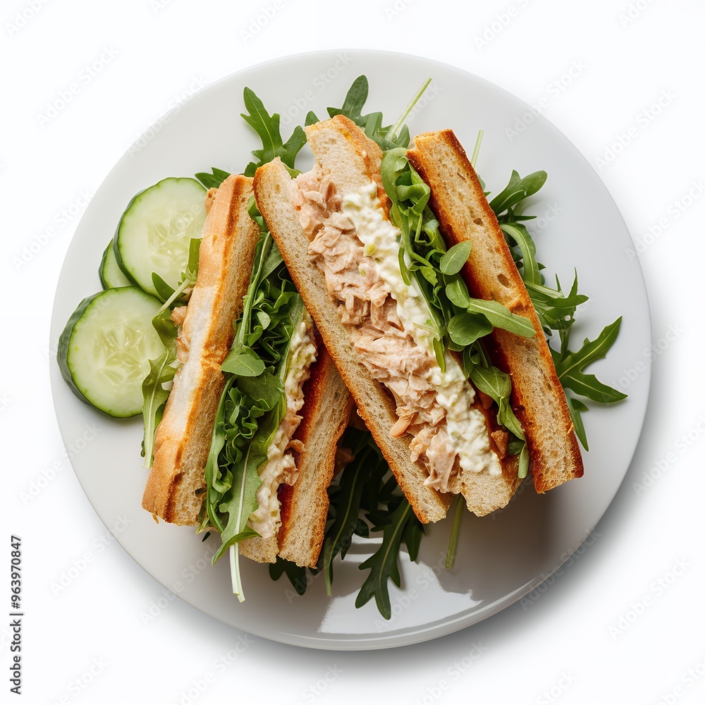 Healthy tuna sandwich on whole grain bread with fresh greens Healthy tuna sandwich on whole grain bread with fresh greens