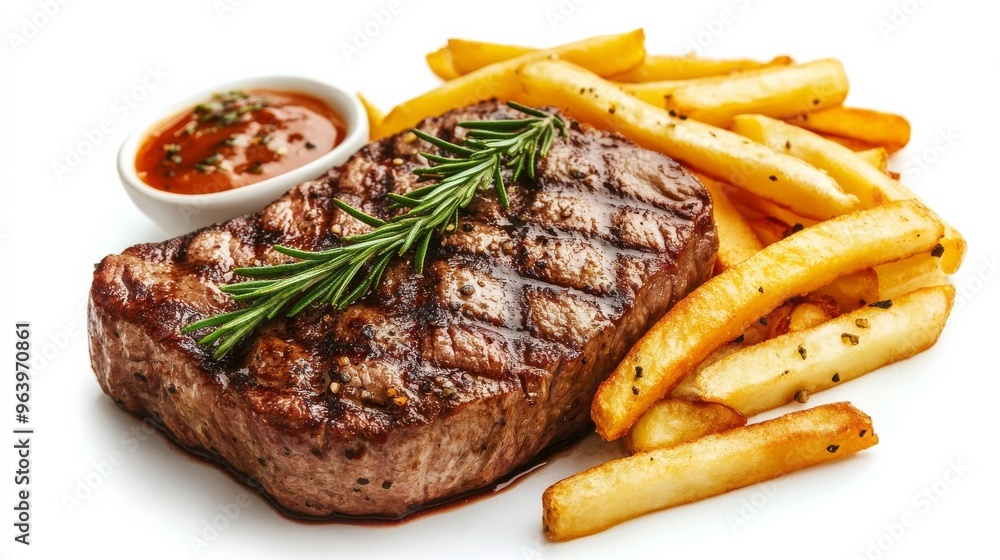 Grilled beef, fries, white bg. Grilled beef, fries, white bg.