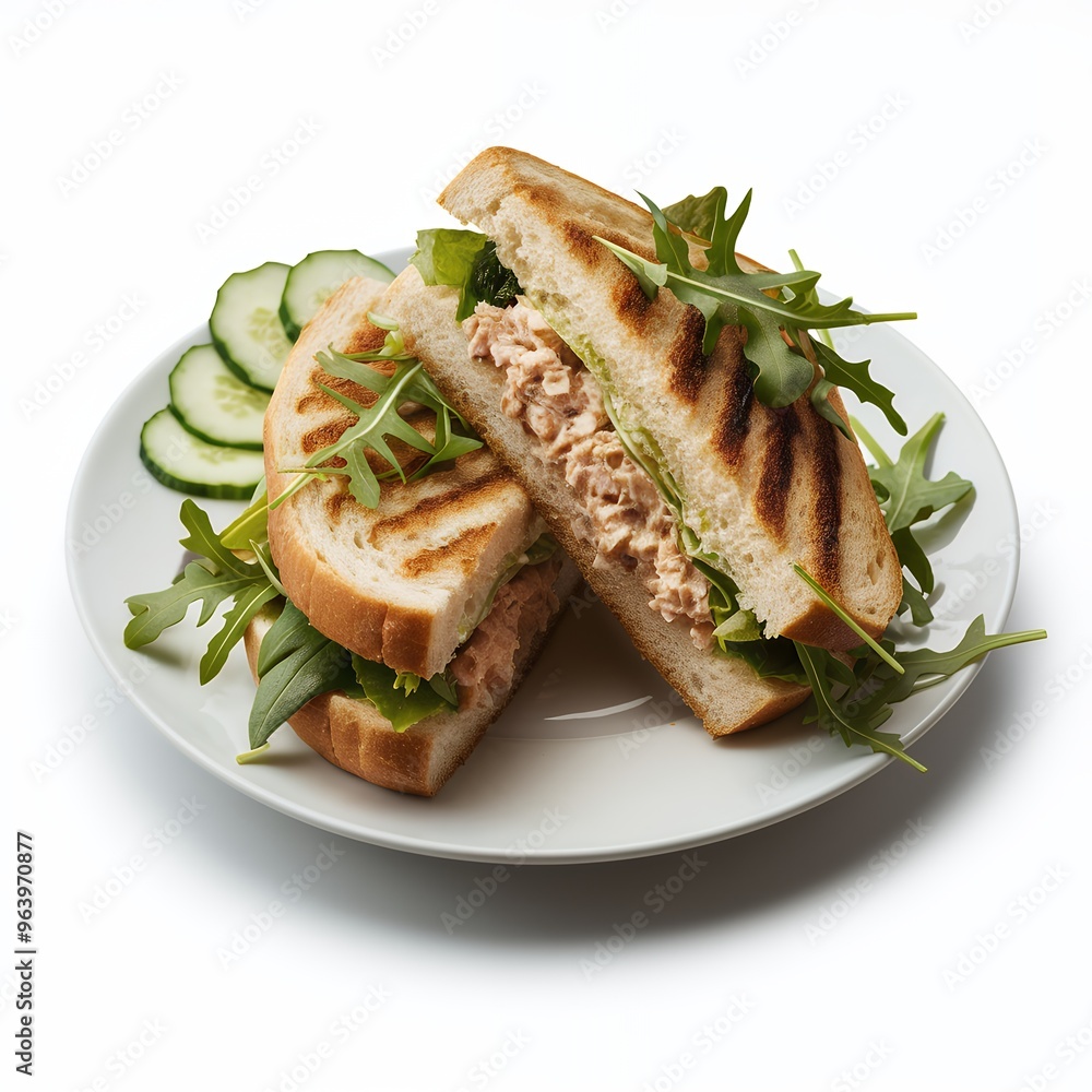 Grilled tuna salad sandwich on a white plate with cucumbers Grilled tuna salad sandwich on a white plate with cucumbers
