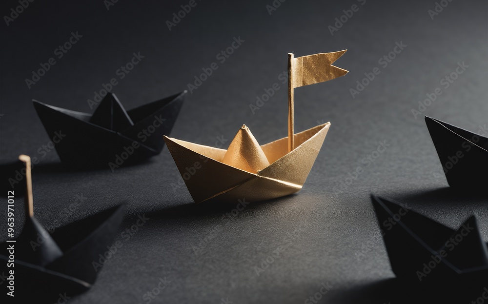 Lone golden paper boat leading amongst black paper boats on a dark surface Lone golden paper boat leading amongst black paper boats on a dark surface