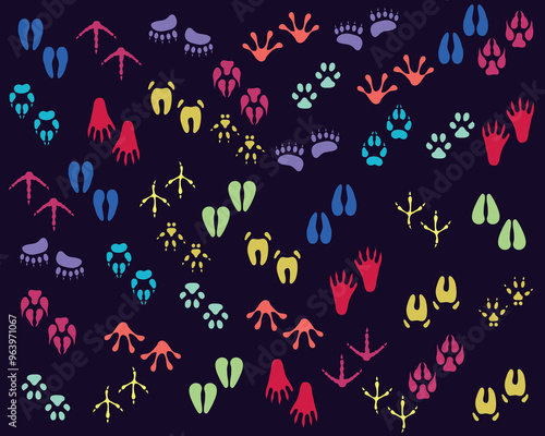 fantasy color animal footprint step seamless pattern.animal paw doodle illustration
