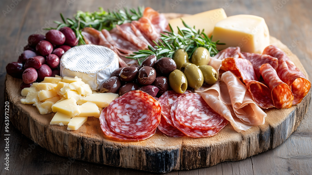 An elegant spread of Italian antipasti: prosciutto, salami, olives, and artisanal cheeses arranged on a wooden platter An elegant spread of Italian antipasti: prosciutto, salami, olives, and artisanal cheeses arranged on a wooden platter