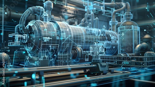 Advanced industrial equipment blueprint with 3D visuals 