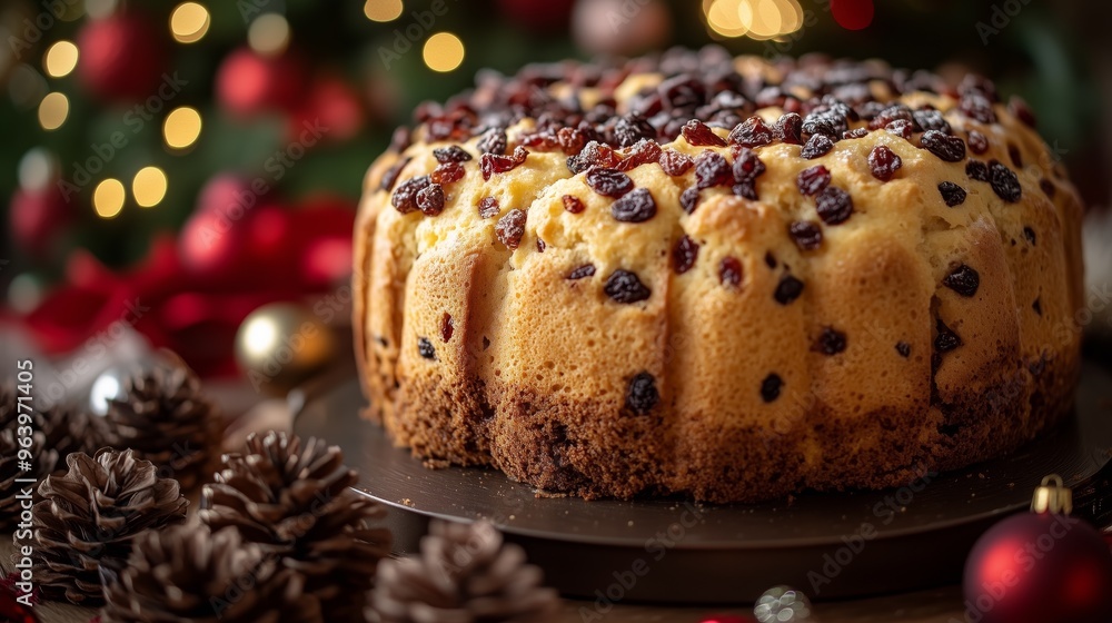 Holiday dessert a Panettone with exotic fruits and nuts, surrounded by Christmas decorations and lights Holiday dessert a Panettone with exotic fruits and nuts, surrounded by Christmas decorations and lights